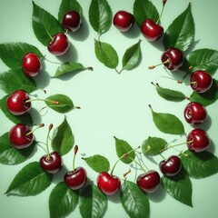 Fresh cherry fruits on green, frame shape. Copy space for text - 769085130