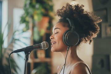 young woman wearing headphones is seen recording a song in a studio - obrazy, fototapety, plakaty