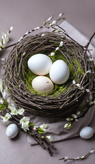 Happy easter. White eggs in nest and willow branch - 769085302