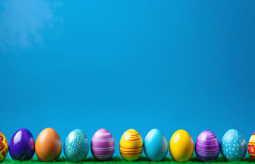 Row of easter painted eggs on blue background. - 769085347