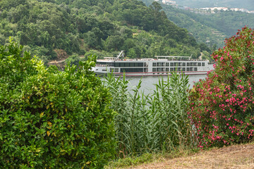 Cruise ship at Douro Valley, Portugal. Cruise ship at Douro river, Portugal, with the Port wine vineyards valley in the background - obrazy, fototapety, plakaty