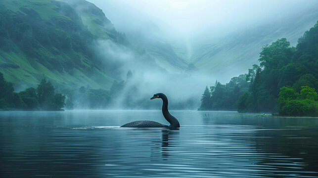 The mystical Loch Ness monster swims across the lake.