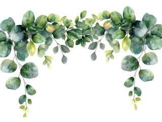 Watercolor eucalyptus leaves and branches frame isolated on a white background, vector illustration, minimalist simple color combination, vintage modernism, mockup, pastel green tones.