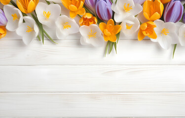 colorful crocus flowers on white wooden table for greeting card