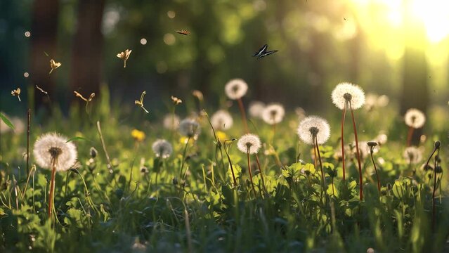 Delight in the gentle sway of herbs and dandelions as they catch the first rays of sunlight, painting a serene picture of nature's awakening in mesmerizing 4K video.