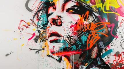 Portrait of a beautiful girl with bright colorful graffiti on the wall