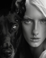  Elegant Black and White  Portrait of a pale skin Woman in Harmony with a Dobermann