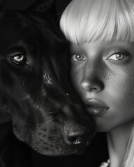  Elegant Black and White  Portrait of a pale skin Woman in Harmony with a Dobermann