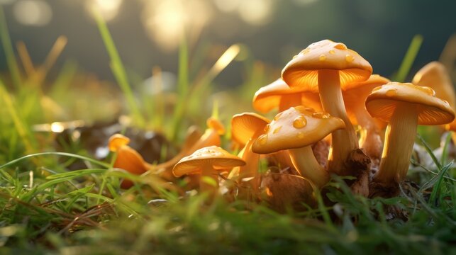 Woodland delicacy: Close-up of mushrooms thriving amidst the raw beauty of the forest.
