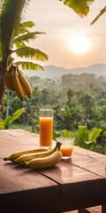 Banana fruit and juice smoothie drink on wooden table, garden plantation background. Tropical produce, agriculture. AI generated - 769085931