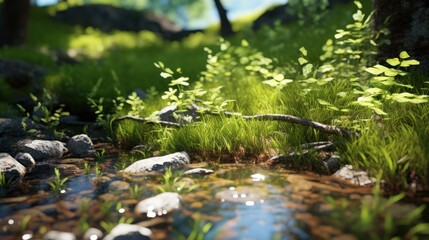 Obraz na płótnie Canvas Nature's symphony- rocky-bottomed stream meanders through a sunlit, green forest.