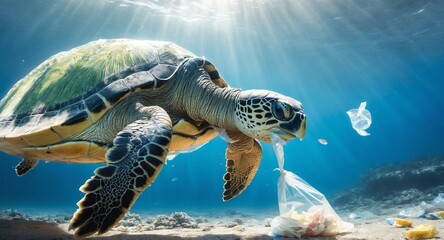 ocean turtle, plastic bags under the sea.The problem of ocean pollution with garbage. - 769086167