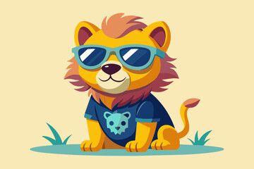 A playful and adorable vector illustration of a lion wearing oversized sunglasses and a cool t-shirt