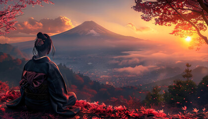 a samurai woman sits in the forest and looks out over a vast and fantastic japanese landscape at sunset - obrazy, fototapety, plakaty