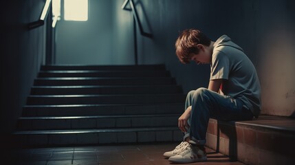 Bullying Concept: Depressed Boy Sitting Alone

