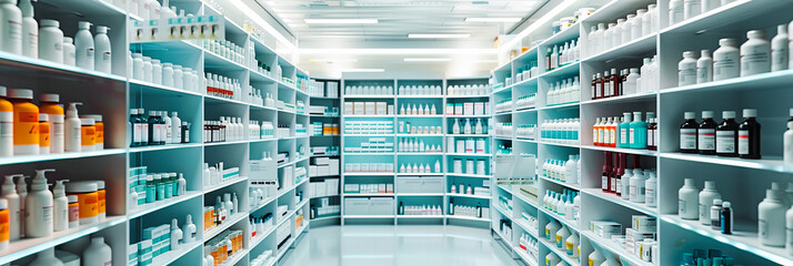 Pharmacy Shelves Stocked with Medicine, Retail Environment for Health and Wellness Products