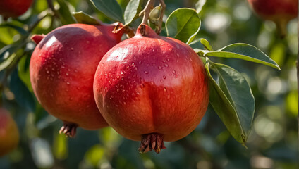beautiful ripe pomegranate fruit on a branch in the garden  autumn