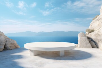 a white round table on a white surface overlooking a body of water - obrazy, fototapety, plakaty