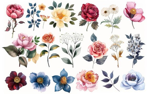 Set of watercolor floral elements including roses and wildflowers in various colors in the clip art style with a white background and pastel color palette, minimalistic designs, hand drawn art.