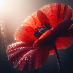 Close-Up Image of a Radiant Red Flower Delicately Adorned with Glistening Water Droplets
