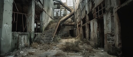 The haunting remnants of an abandoned factory, with crumbling staircases and derelict machinery, speak to a bygone industrial era.. - obrazy, fototapety, plakaty