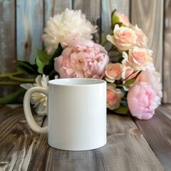 design mockup white blank mug with pastel peach peonies bouquet in the background
