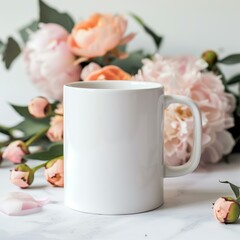 design mockup white blank mug with pastel peach peonies bouquet in the background