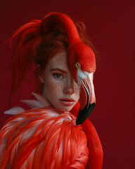 Close-up portrait of a woman with red lips and red make up, together with a Red Flamingo in a fantastic and surreal composition