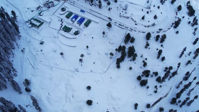Aerial view of snow covered Malam Jabba Hill Station in Himalayan Mountains