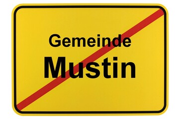 Illustration eines Ortsschildes der Gemeinde Mustin in Mecklenburg-Vorpommern - obrazy, fototapety, plakaty