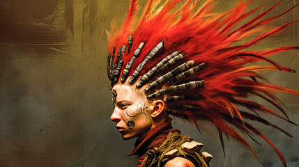 A woman with red hair and a headdress with a skull on it