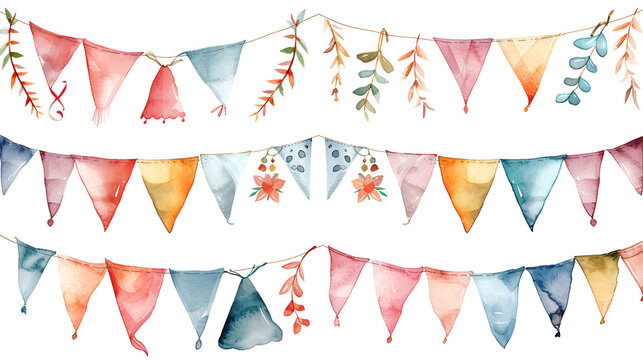Watercolor illustration set of festive garland, Festive flags isolated on white background. Hand drawn watercolor. Generative AI 
