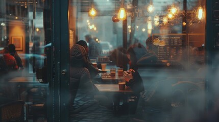 A city cafe glows warmly as dusk sets in, its windows offering a peek into the social hub where coffee and conversation flow.. - obrazy, fototapety, plakaty