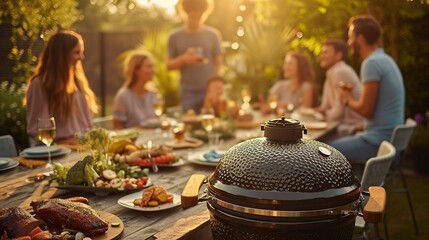 Kamado grill as the heart of a backyard gathering, with friends and family enjoying a meal together. The composition and warm color palette take cues from the inviting and intimate  photography. - obrazy, fototapety, plakaty