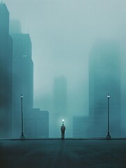 Melancholic figure standing alone in a blue-gray cityscape, symbolizing solitude and introspection. The moody atmosphere and urban setting draw inspiration from the cinematic and emotive works. - obrazy, fototapety, plakaty