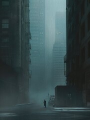 Melancholic figure standing alone in a blue-gray cityscape, symbolizing solitude and introspection. The moody atmosphere and urban setting draw inspiration from the cinematic and emotive works. - obrazy, fototapety, plakaty