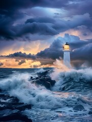 Fototapeta na wymiar In the embrace of a stormy sky, the lighthouse stands as a nautical beacon, its light piercing through the tumult of surging waves..