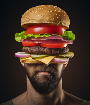 Naklejki Man with a classic cheeseburger for a head over dark background