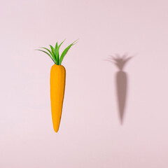 Carrot with creative shadow on pink background. Food minimal composition.
