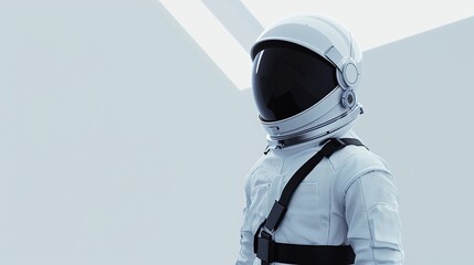 Minimalist astronaut suit with an exaggerated, oversized belt cinching the waist, symbolizing the idea of space constraints. The stark contrast between the stark white spacesuit and the bold black. - obrazy, fototapety, plakaty