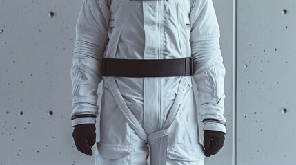Minimalist astronaut suit with an exaggerated, oversized belt cinching the waist, symbolizing the idea of space constraints. The stark contrast between the stark white spacesuit and the bold black.
