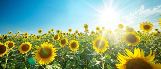 An expansive field of blooming sunflowers stretches towards the horizon under a brilliant blue sky, embodying the essence of a perfect summer day.. - obrazy, fototapety, plakaty