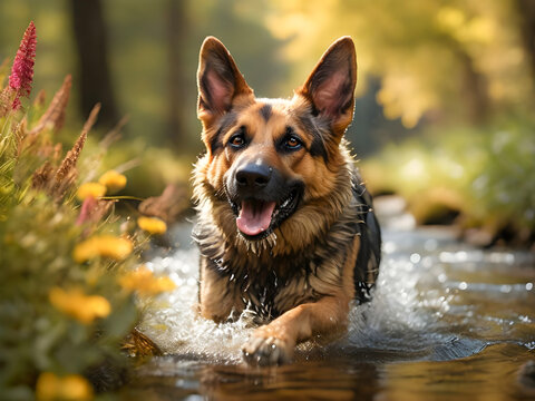 A jubilant German Shepherd bounding through a lush forest clearing, tongue lolling out in pure joy