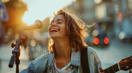 Happy young woman singing in the street