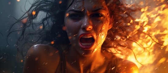 A woman with a blazing fire in her mouth is exhaling flames, showcasing a dramatic and mesmerizing scene