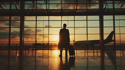 Silhouette of businessman standing at the terminal airport with airplane background, hand holding...
