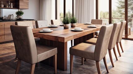 Dining room with brown color chair and wooden table. Minimal natural material color scheme warm and cosy feeling clean.