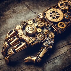 Steampunk-inspired robotic arm adorned with brass gears and clockwork mechanisms.
