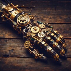 Steampunk-inspired robotic arm adorned with brass gears and clockwork mechanisms.
