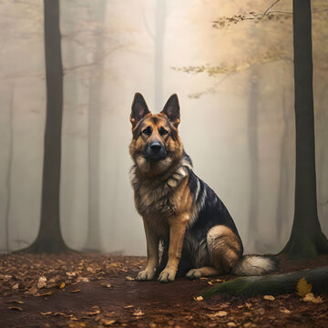 A German Shepherd dog standing forlornly amidst a misty forest